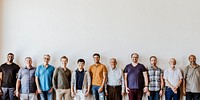 Cheerful diverse men standing in a line social banner 