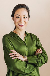 Cheerful woman in a green top