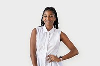 Portrait of a cheerful black lady on white background