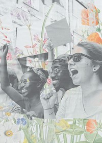 Human rights day protest teenagers cheering colorful floral pop color remix background
