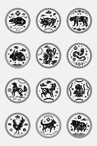 Chinese horoscope animals badges psd black new year design element collection