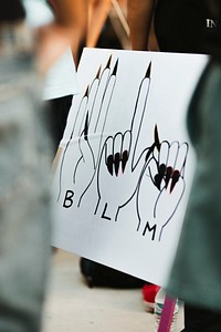 Hand gestures on a board at a Black Lives Matter protest outside the Hall of Justice in Downtown Los Angeles. 15 JUL, 2020 - LOS ANGELES, USA