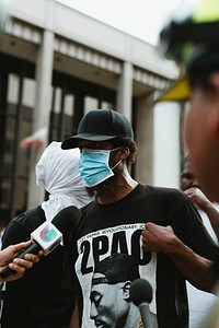 Protester being interviewed by a news channel during the Black Lives Matter protest at Hollywood & Vine. 2 JUN, 2020, LOS ANGELES, USA