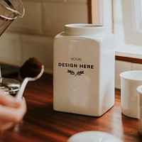 Coffee porcelain jar mockup on kitchen counter psd