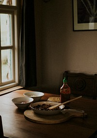 Meal in the dark kitchen by the window