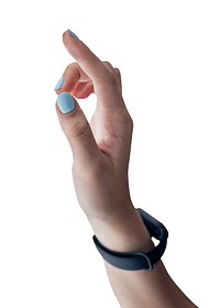 Girl with fitness tracker psd on her wrist pointing at a screen