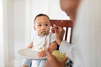 Mom feeding her son with baby food puree