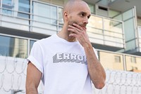 Error white t-shirt mockup men&rsquo;s simple streetwear outdoor shoot