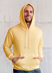 Man in yellow hoodie streetwear men&rsquo;s apparel fashion
