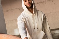 Beige trendy hoodie mockup psd street style menswear fashion shoot