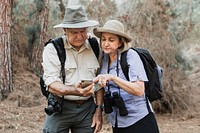 Senior partners using their smartphone in the forest 