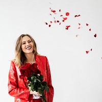 Happy woman in a red pantsuit social ads template