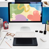 Computer desk setup, cute memphis screen