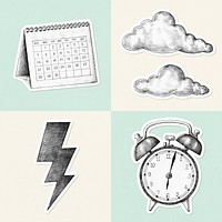 Hand drawn time and weather sticker set
