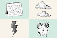 Hand drawn time and weather retro sticker set