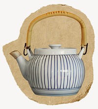 Antique teapot collage element, torn paper design 