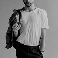 Man in white tee, black and white photo