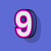 3D number 9 isometric vector halftone style typography