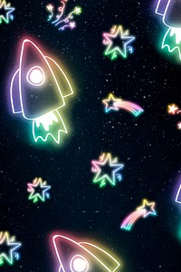Neon spacecraft star doodle pattern background