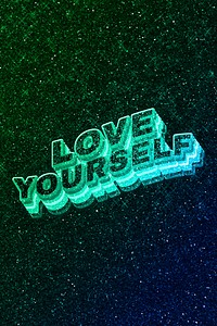 Love yourself word 3d vintage wavy typography illuminated green font