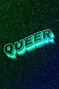 Queer word 3d vintage wavy typography illuminated green font