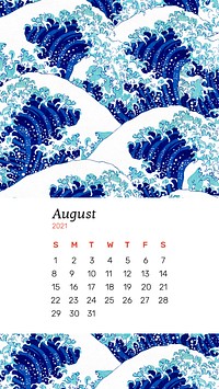 Calendar August 2021 printable vector with The Great Wave pattern artwork remix from original print by Katsushika Hokusai​​​​​​​