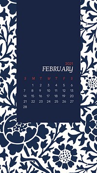 Calendar 2021 February editable template vector with William Morris floral pattern