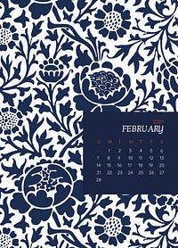 Calendar 2021 February editable template psd with William Morris floral pattern