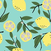 Lemon pattern, mint green background, tropical fruit illustration