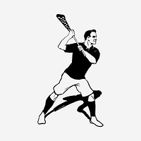 Lacrosse player black & white illustration. Free public domain CC0 image.