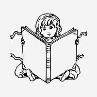 Little girl reading book illustration. Free public domain CC0 image.