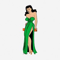 Hot girl in green dress illustration. Free public domain CC0 image.