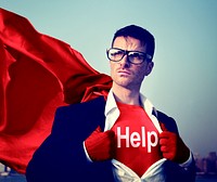 Superhero Businessman Help Word Concept