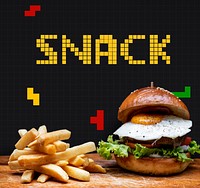 Burger and fries with 8 bit illustration of tasty menu