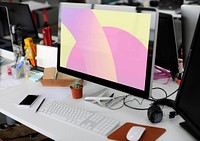 Computer screen mockup, desk setup psd