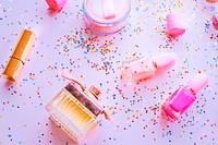 Pink feminine aesthetic background, confetti photo