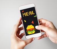 8 bit illustration of tasty burger meal on mobile phone