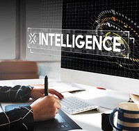 Graphic designer working and intelligence word popup