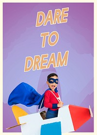 Superhero kid boy with paper plane toy and aspiration word graphic