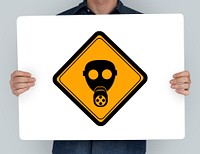 Studio Shoot Holding Banner with Radioactivity Protection Mask Sign