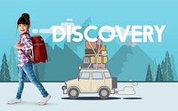 Little girl with illustration of discovery journey road trip traveling