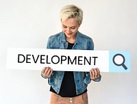 Woman holding search bar with development progress word