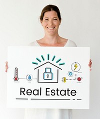 Woman holding illustration of smart house invention automation technology banner