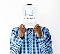 Man holding digital device covering face network graphic overlay