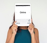 Woman holding network graphic overlay digital device covering face