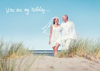 Happy Couple Walking on Beach with Quote