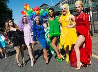Drag queens at pride parade, August 24, 2019, Congleton, UK. Original public domain image from Flickr