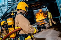 Firefighter petrochemical rig training, February 18, 2021, Cheshire, UK. Original public domain image from Flickr