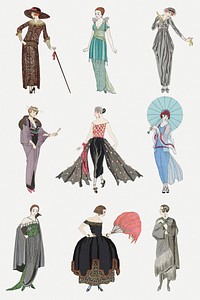 Vintage feminine fashion 19th century style set, remix from artworks by George Barbier