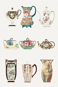 Vintage floral pattern on tableware psd design set, remixed from Noritake factory china porcelain design